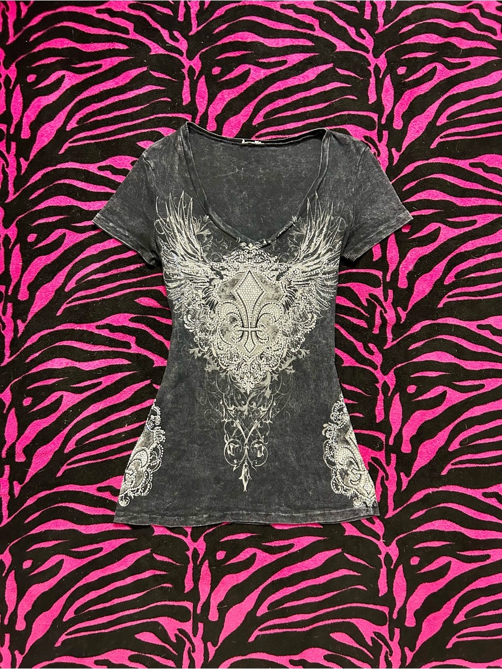 Y2K Vintage emo grunge Fleur De Lis Wing Rhinestone Top